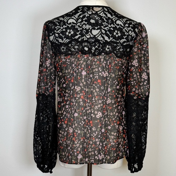 Rebecca Taylor ‘Lyra’ Red Floral Black Lace Pintuck Silk Blouse Women’s Size 00 - Picture 8 of 15